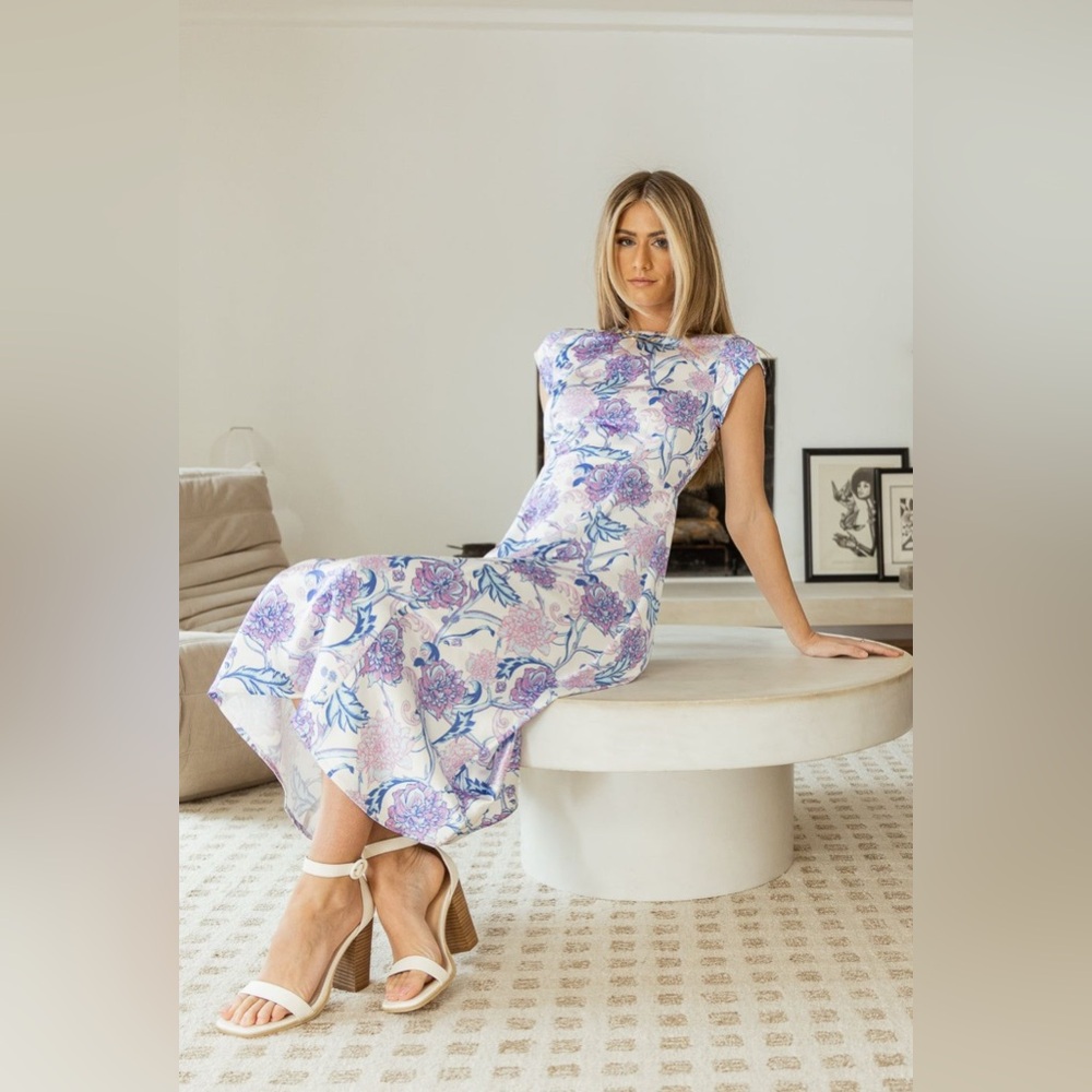 Bohme-Kailey Satin Midi Dress-White-Purple-Floral-Size S